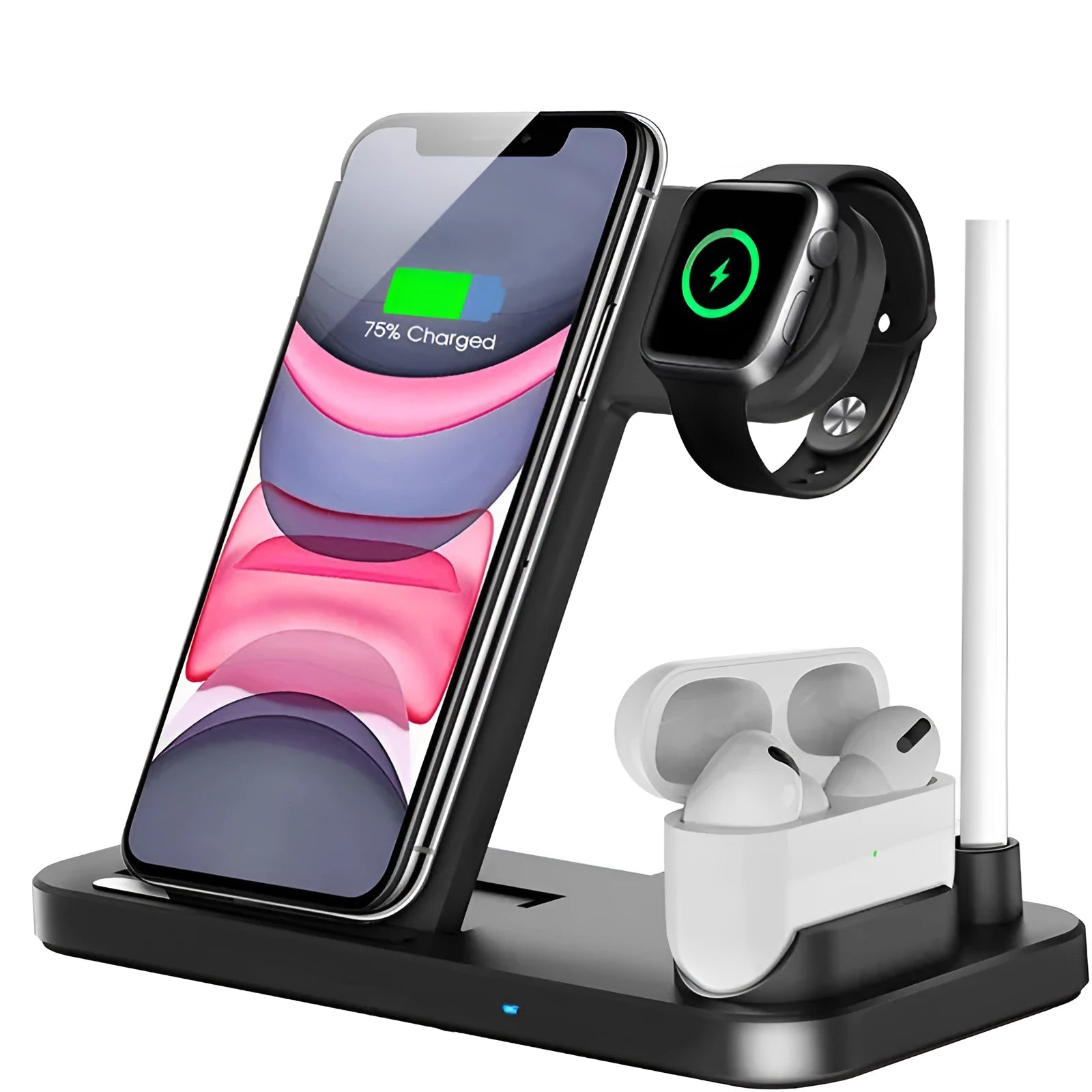 Black foldable 4-in-1 wireless charger showing MagSafe spot for iPhone and Apple Pencil charger, with EU UK US plug options.