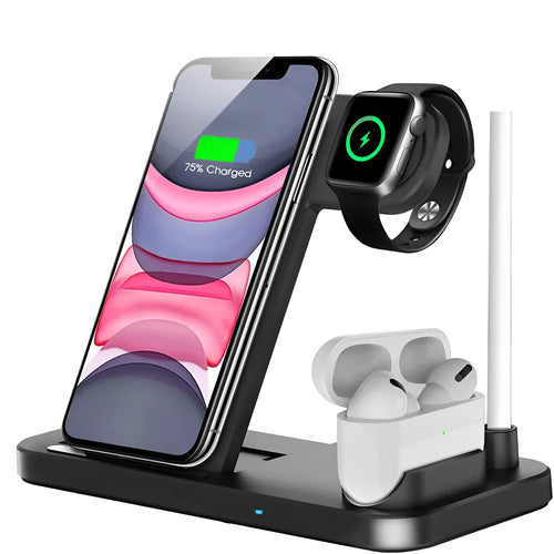 Black foldable 4-in-1 wireless charger showing MagSafe spot for iPhone and Apple Pencil charger, with EU UK US plug options.
