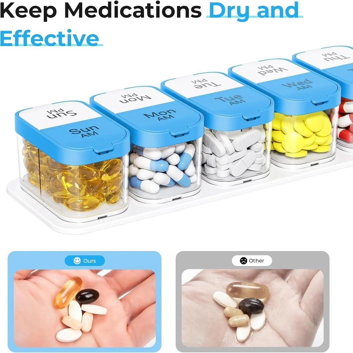 Extra large white and rainbow coloured plastic pill box with 14 removable compartments.