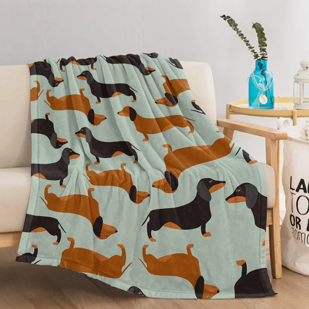 Green flannel sausage printed blanket with pet theme, 75x100cm, soft fluffy throw for sofa or beach camping