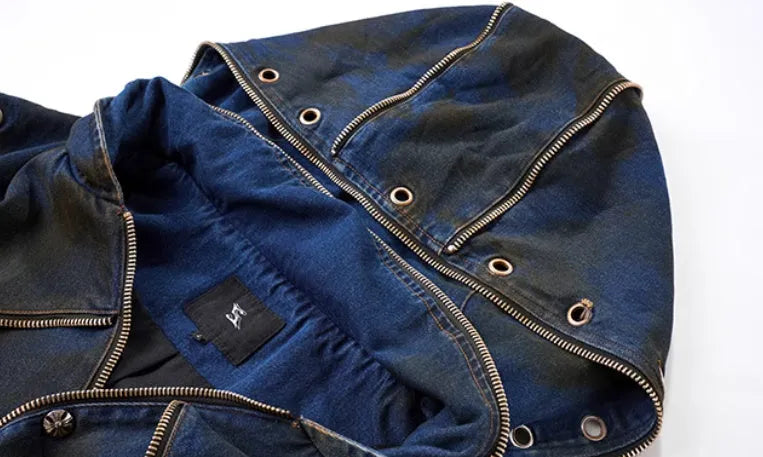Blue Korean-style hooded denim vest coat with matching trousers, zippered front closure