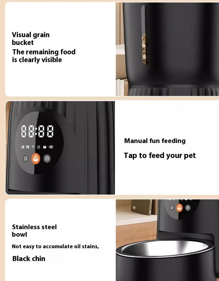Black and white automatic pet feeder with smartphone app showing feeding schedule