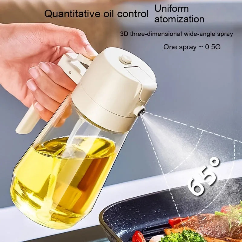 Glass olive oil sprayer and pour bottle with ergonomic handle in four colour options