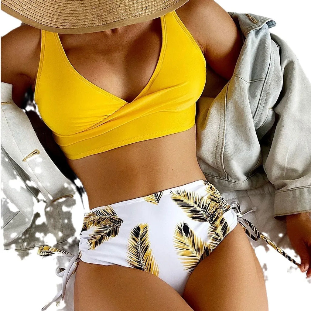 Women's drawstring front bikini swimsuit with high waist briefs in solid colour