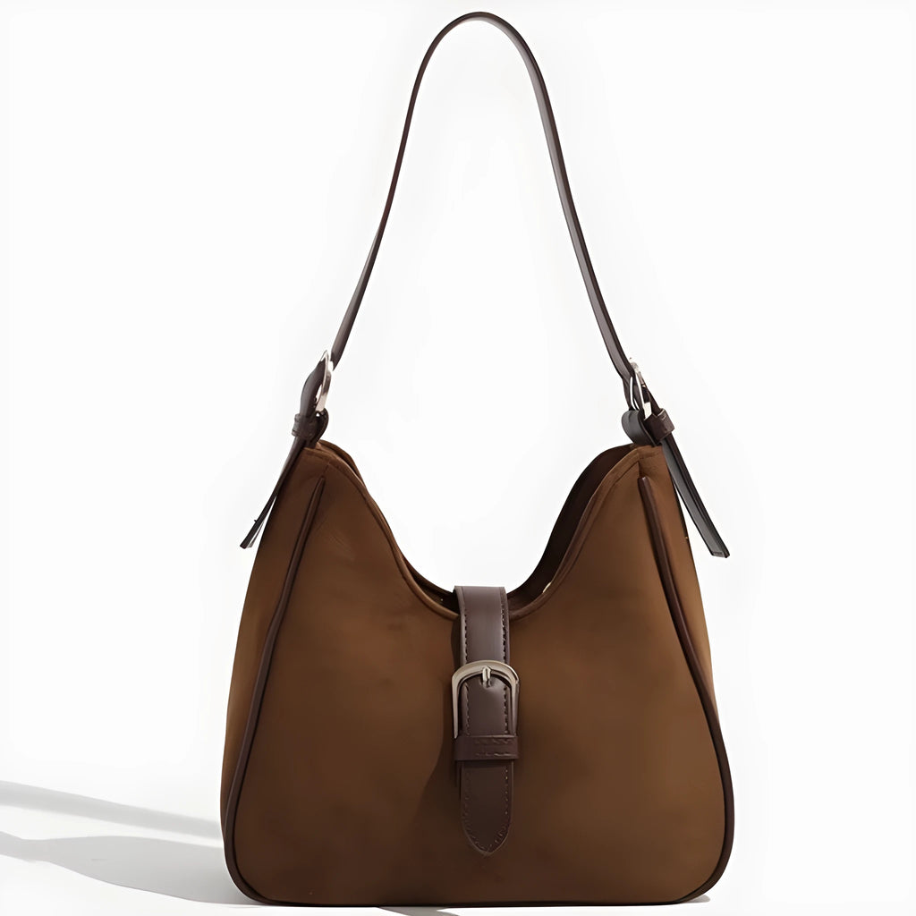 Retro suede leather underarm shoulder bag in brown with double straps, large capacity portable design