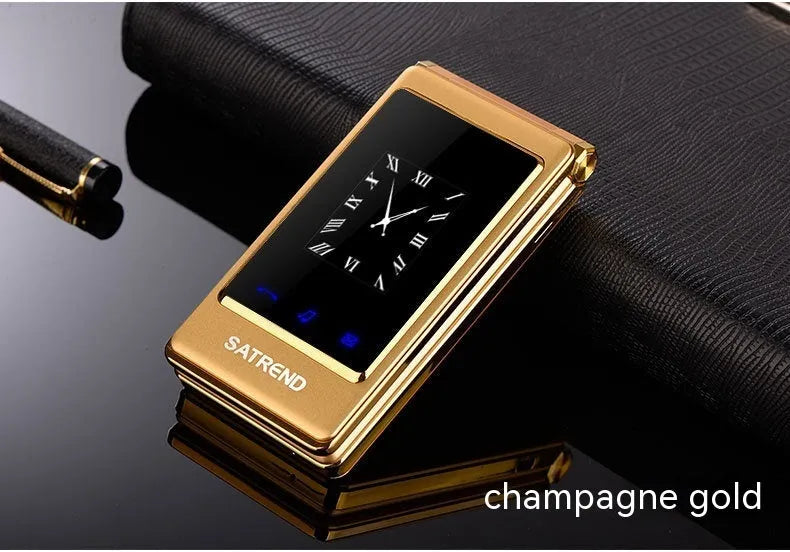 Dual screen flip phone in black, gold, or coffee colour with 3-inch touch display