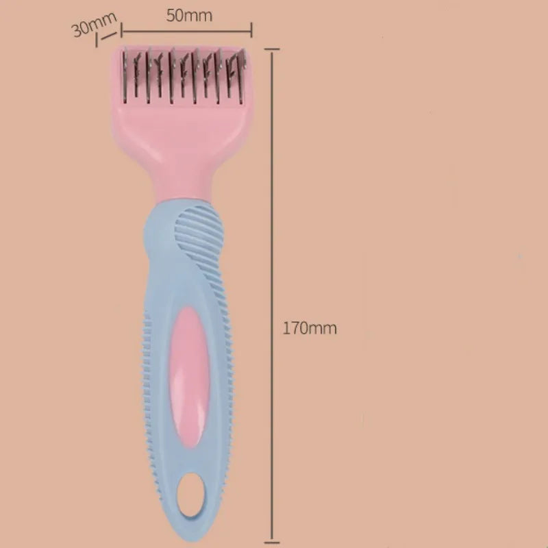 Pink pet grooming comb with stainless steel knot knife, massage brush, and cat brush attachment