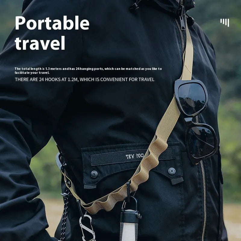 Black multifunctional hanging rope storage belt extended to show its 130 cm length