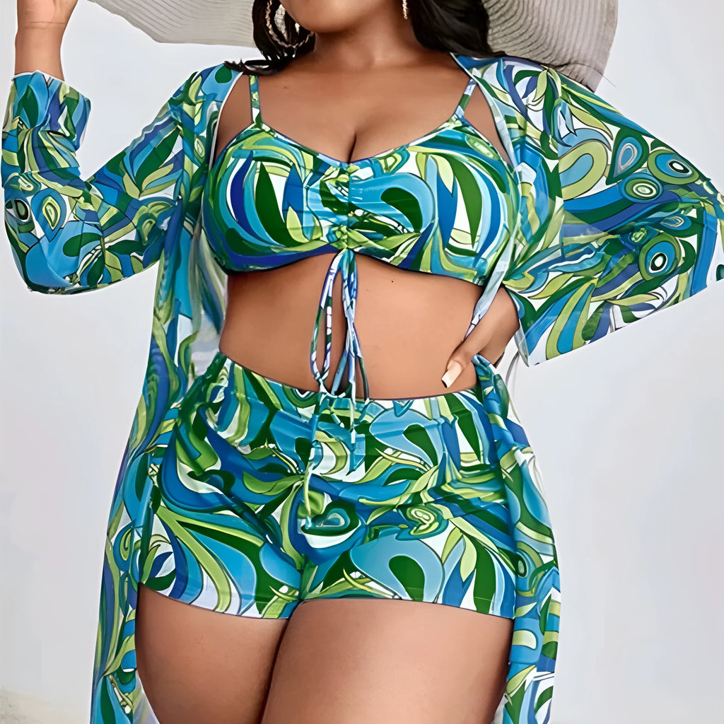 Women's floral patterned three-piece bikini set showing bra, shorts, and cardigan in plus sizes