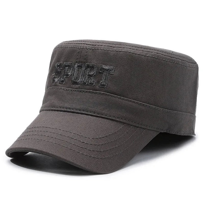 Men's adjustable cotton flat-top peaked cap in army green colour with English letter detail