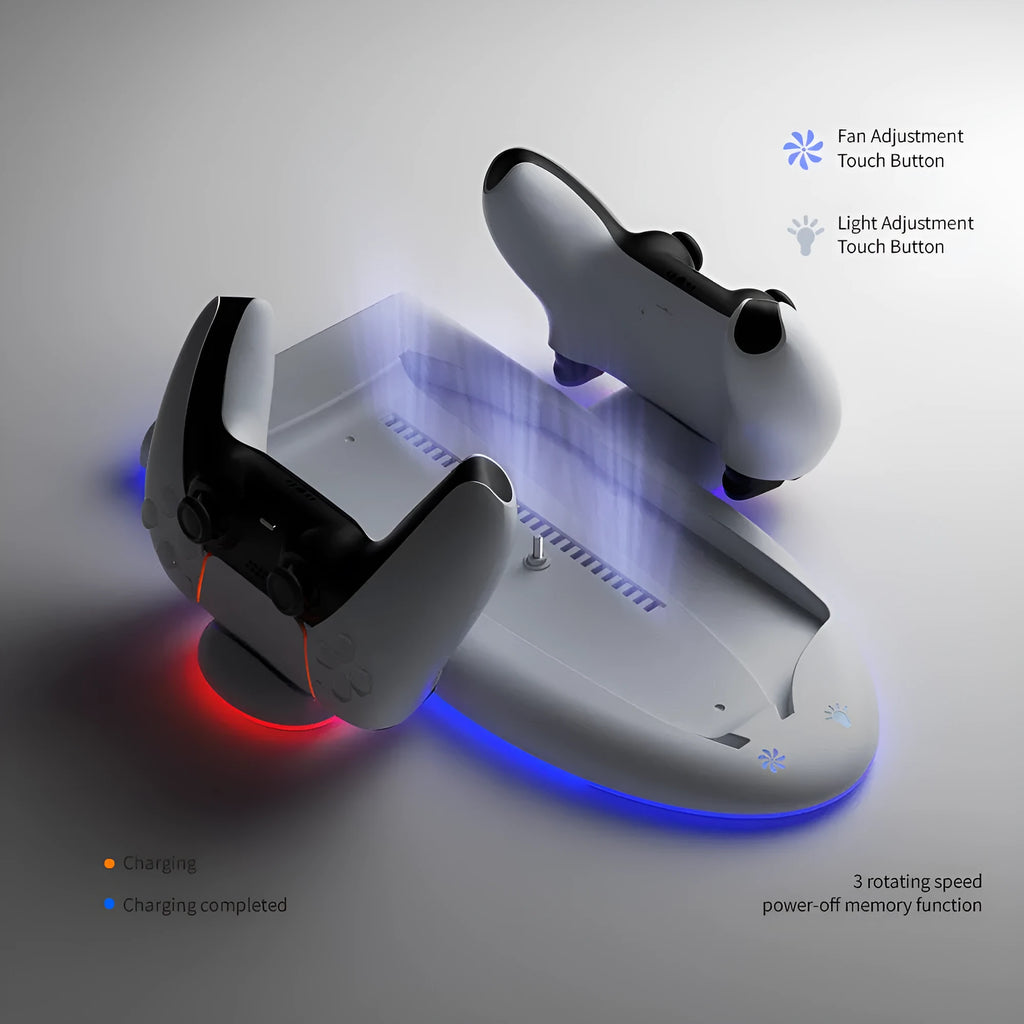 White PS5 slim multifunctional cooler pad with fixed charging base and RGB lighting