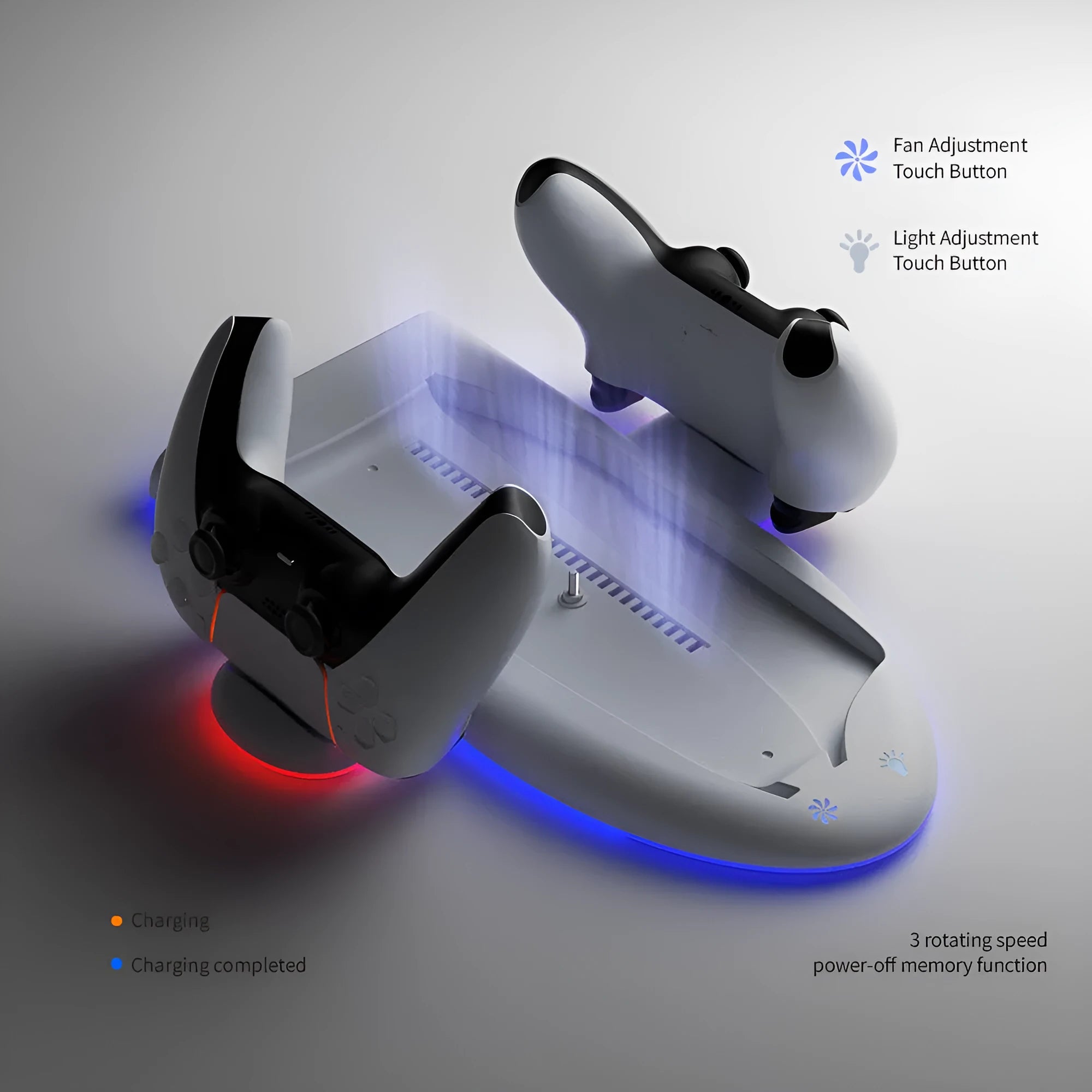 White PS5 slim multifunctional cooler pad with fixed charging base and RGB lighting