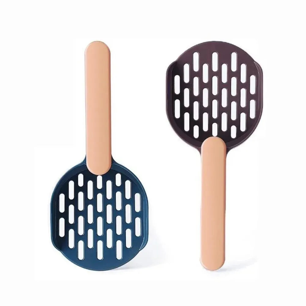 A blue plastic cat litter scoop with sifting holes on a white background.