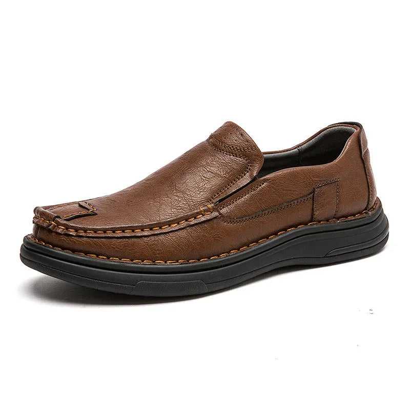 Business casual PU leather loafers for men, brown lace-up style with rubber sole and stitching detail