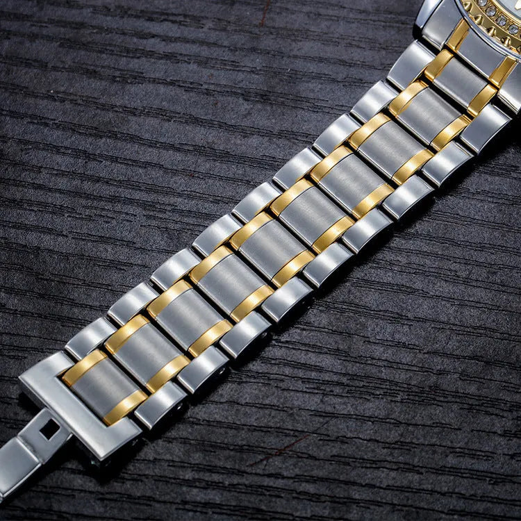 Fashionmonger men's automatic mechanical watch with luminous hands on a gold case with black dial.