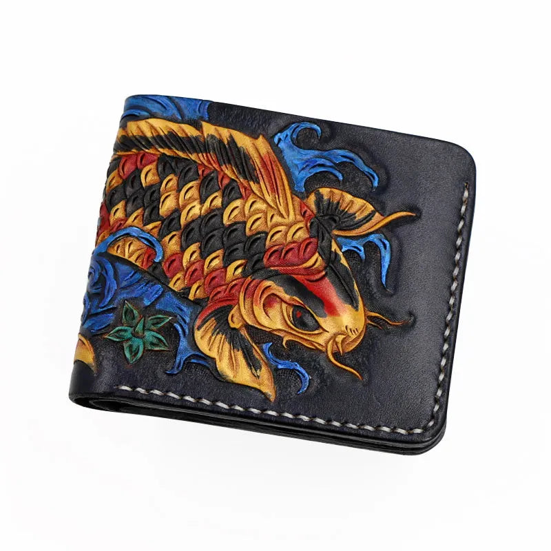 Men's carved leather short wallet in blue, showing open closure and compact size.