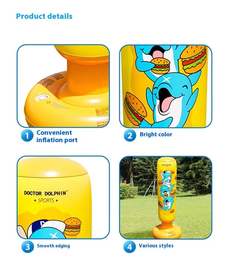 Yellow Hamburger patterned inflatable boxing column sandbag standing upright at 120cm tall.