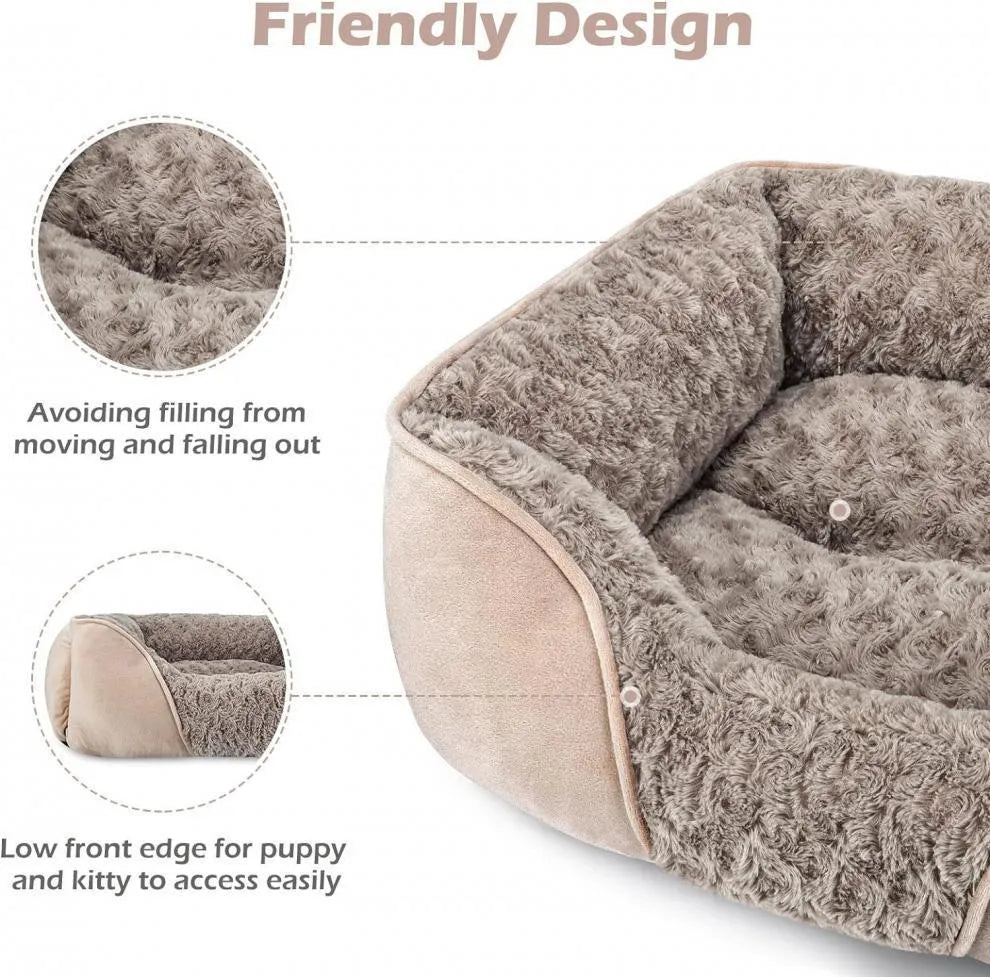 Beige plush kennel dog bed with stuffed Golden Retriever toy, suitable for small and large dogs.