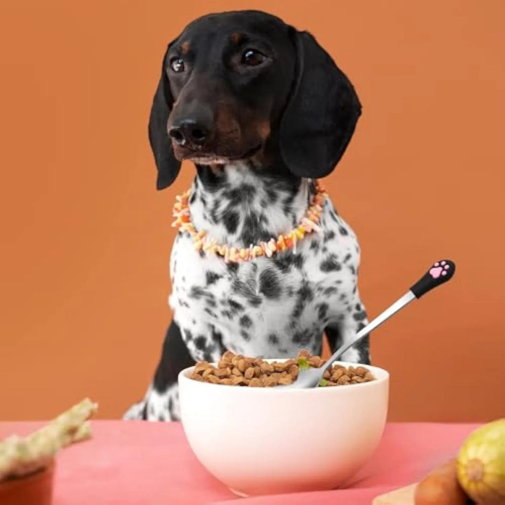 White and black stainless steel pet food spoons with cat paw print and silicone handle grips.