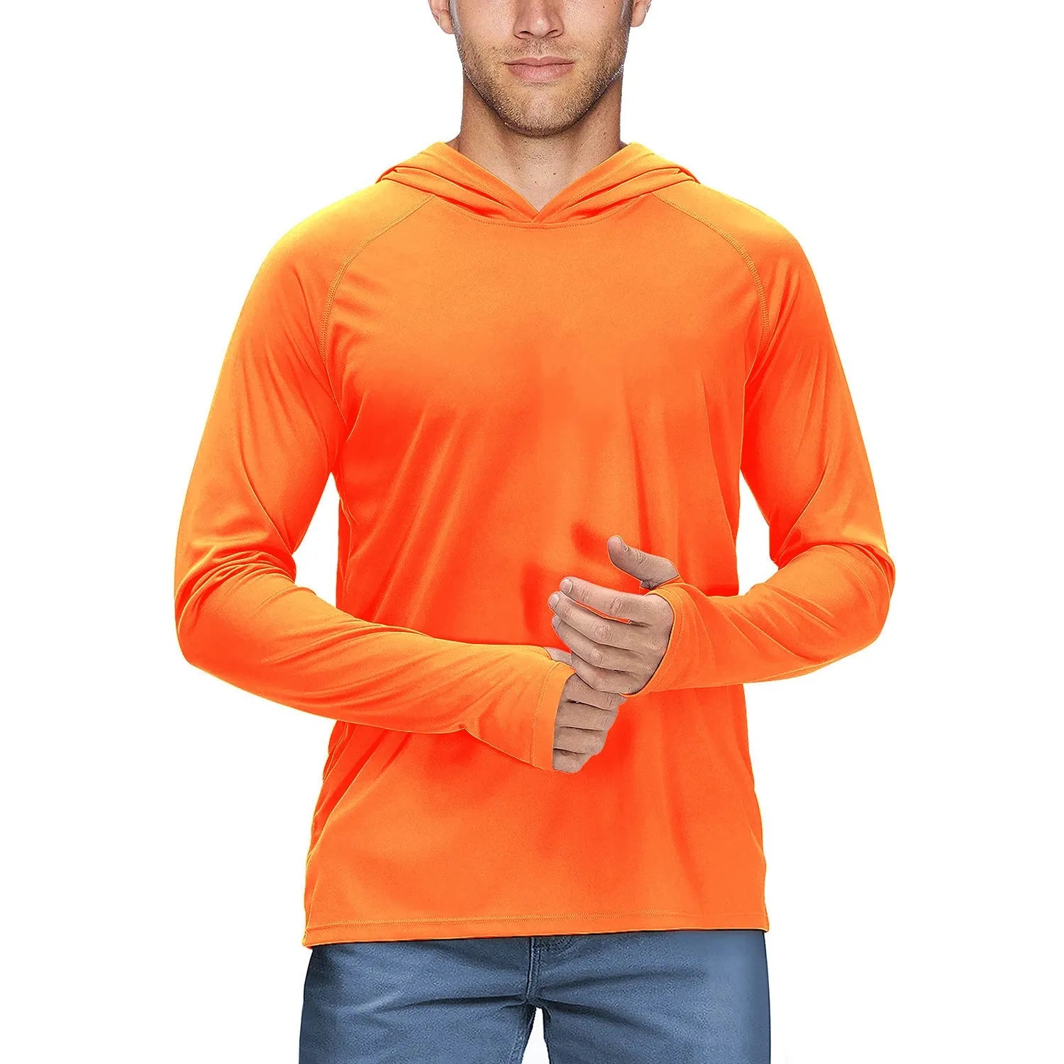 Man wearing a slim-fit hooded sun protection top in Army Green for outdoor fishing or cycling.