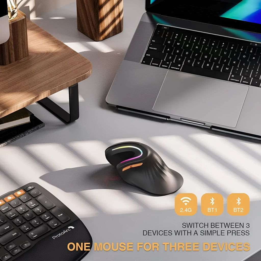 Black vertical Bluetooth mouse with RGB lighting showing ergonomic hand position