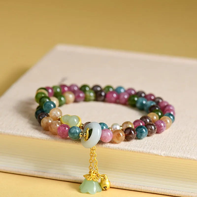 Women's double circle bracelet with chalcedony beads and geometric design