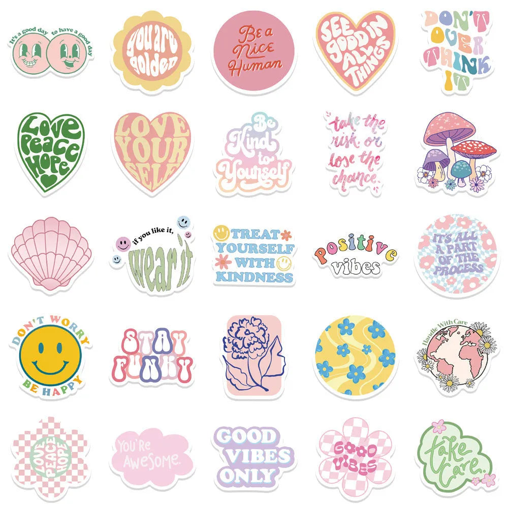 Pack of 50 Danish pink motivational stickers with cartoon graffiti patterns, each 4-6cm.