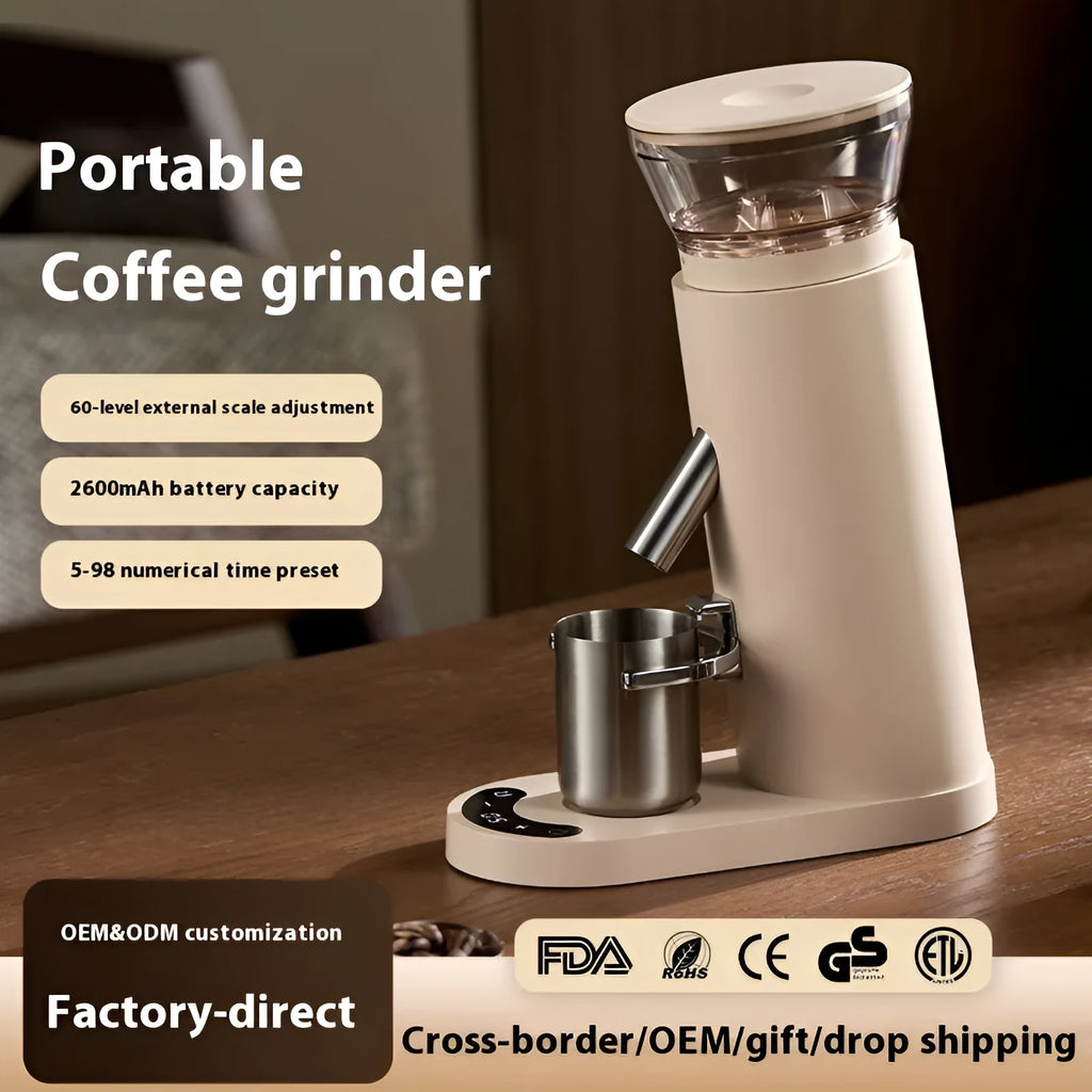 Portable electric coffee grinder with stainless steel body in beige retro style