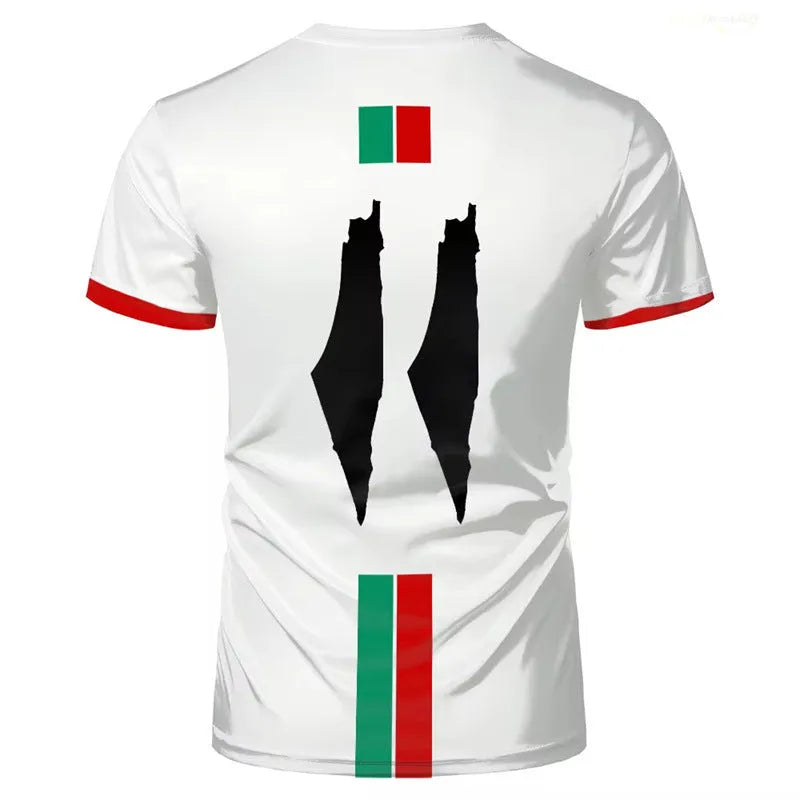 Black 3D printed football pattern t-shirt made from spandex fabric on a hanger.