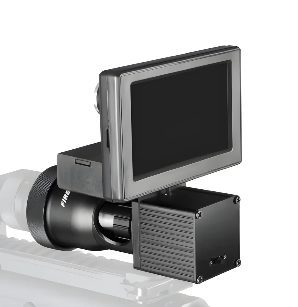 Black digital night vision monocular with 4x magnification and 25mm lens on a 4.3-inch screen.