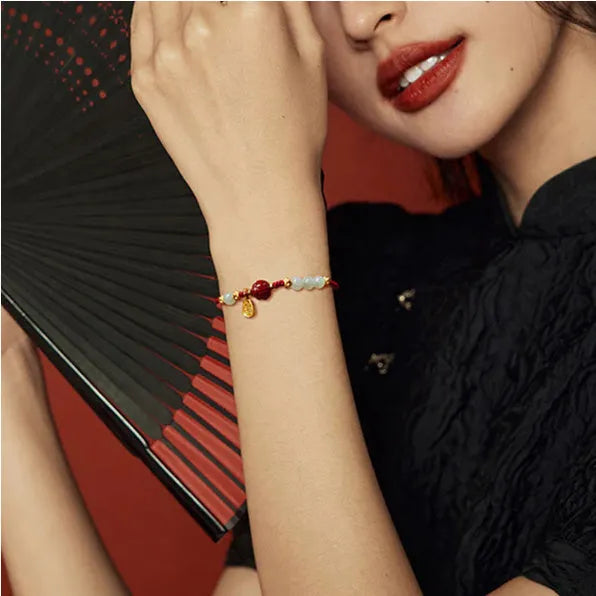 Women's adjustable Hetian jade and cinnabar red rope bracelet with 925 silver clasp