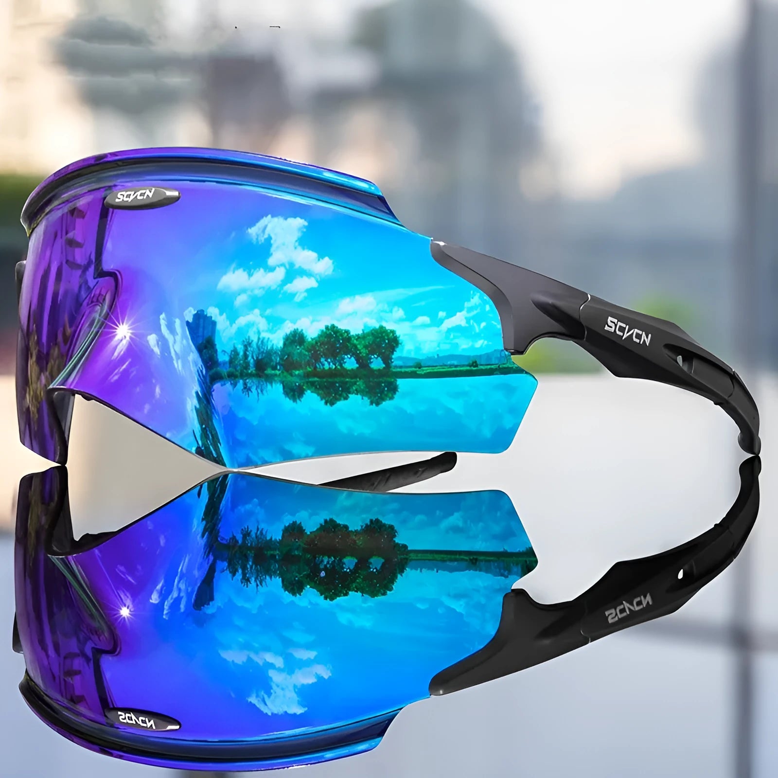 Frameless integrated lens sports goggles in a colourful style for wind protection during cycling and motocross.