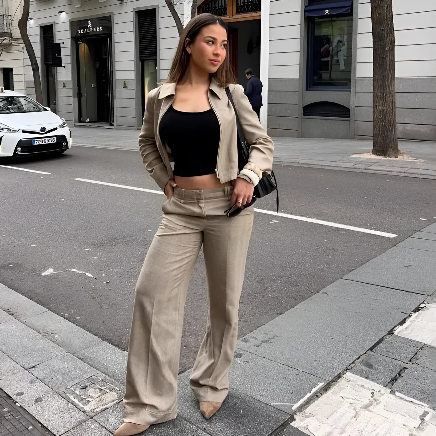 Women's herringbone pattern suit set with 3D embroidery including long sleeve coat and straight trousers