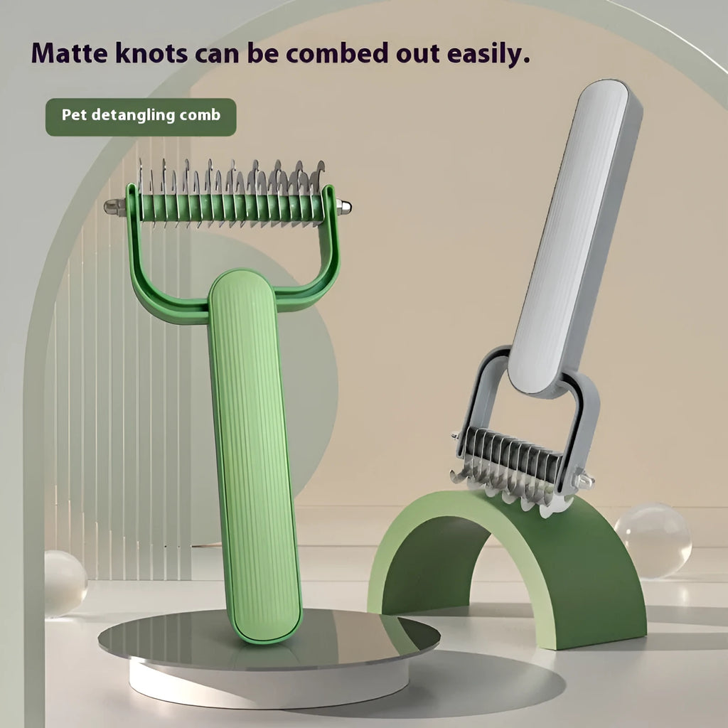 A green and grey dog detangling comb made from PP plastic and stainless steel, shown in small and large size options.
