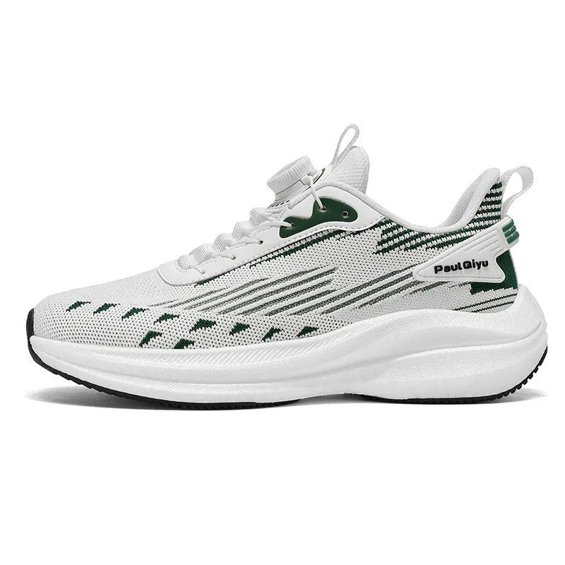 Men's Fly-knit mesh running shoes with rotating buckle closure in black, gray, and white-green colour options