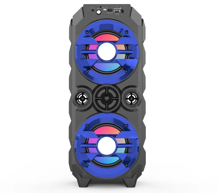 Portable Bluetooth audio speaker with colour lights and pull rod handle in blue, red, or silver grey