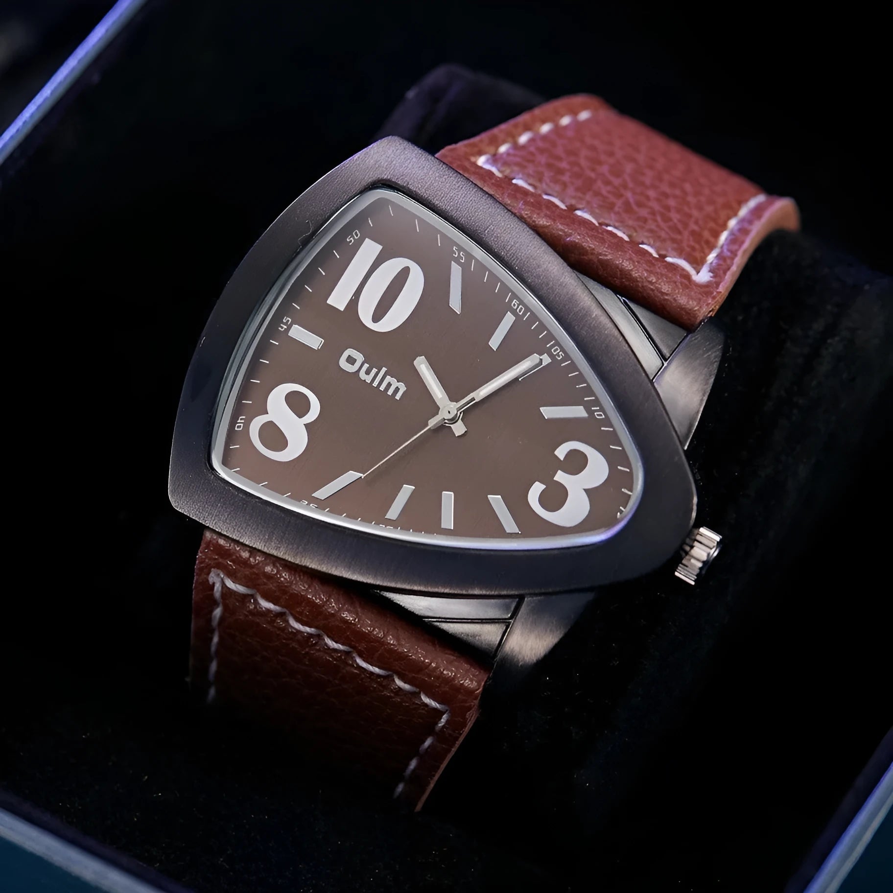 Men's casual quartz watch with triangle belt strap in brown, black, or blue colour option
