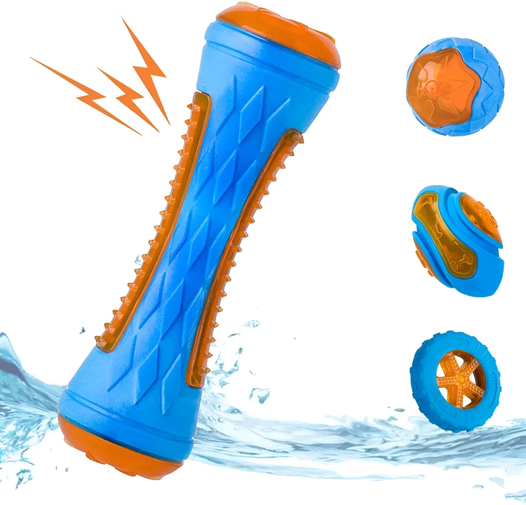 Set of three TPR dog toys: a squeaky ball, barbell, and tyre with bumpy texture for fetch and water play.