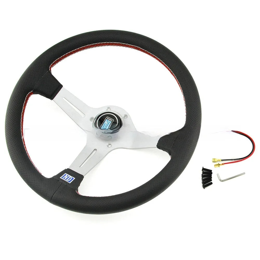 14-inch leather steering wheel with concave middle grip, showing black skeleton option