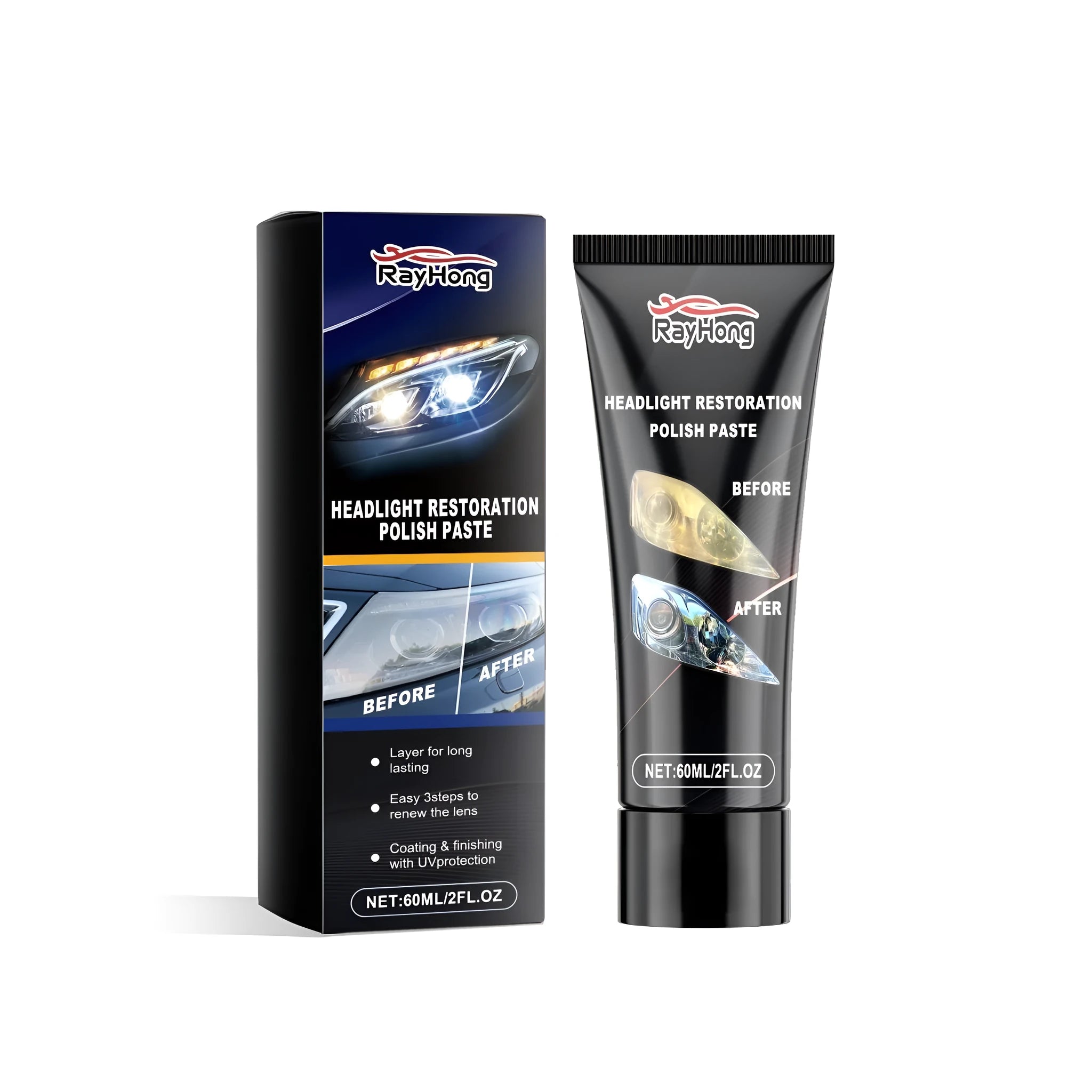 Headlight restoration polish paste in a white PE tube measuring 5.5x13.3cm, with label showing repair cream