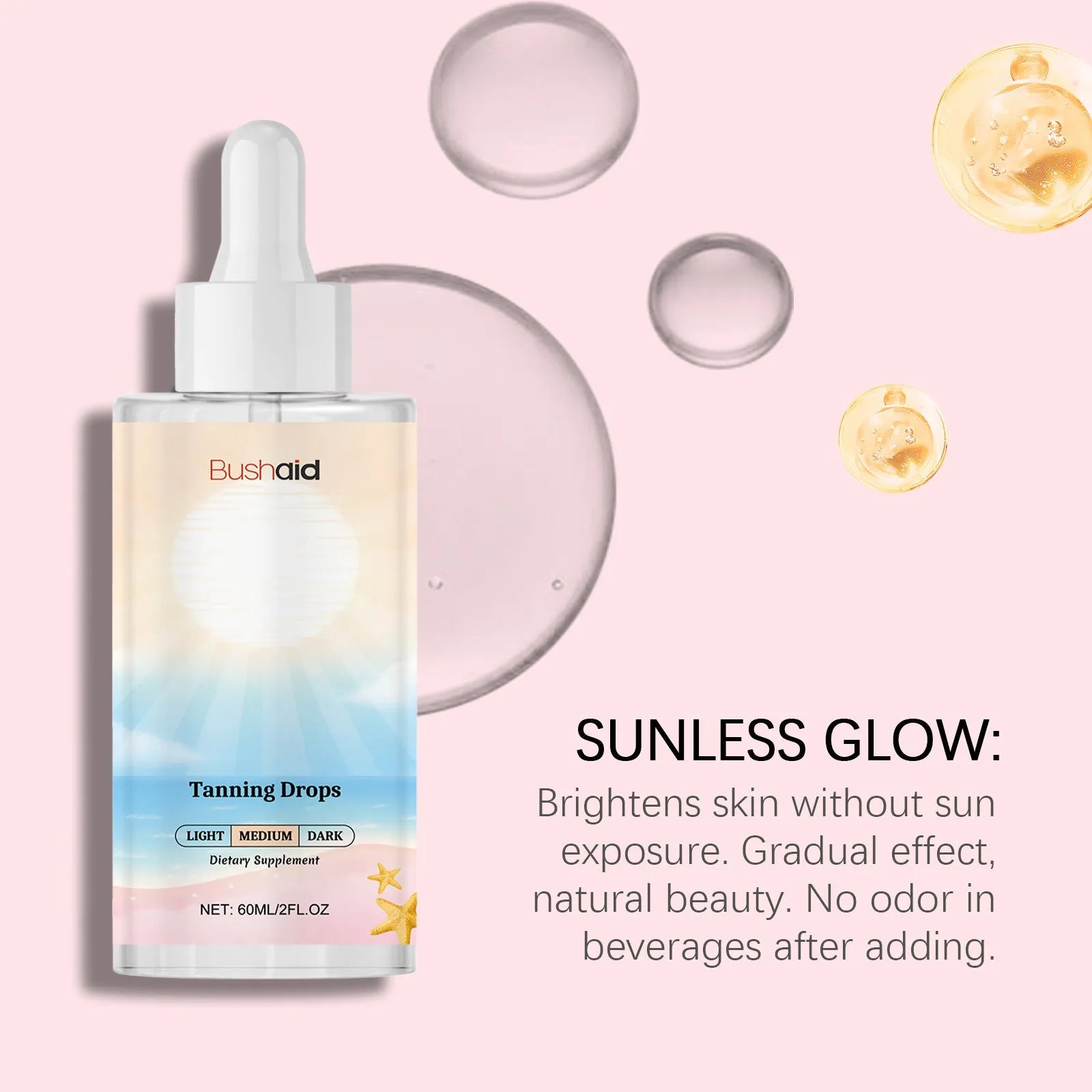 60ml bottle of tanning drops for a sunless body tan, shown with dropper.