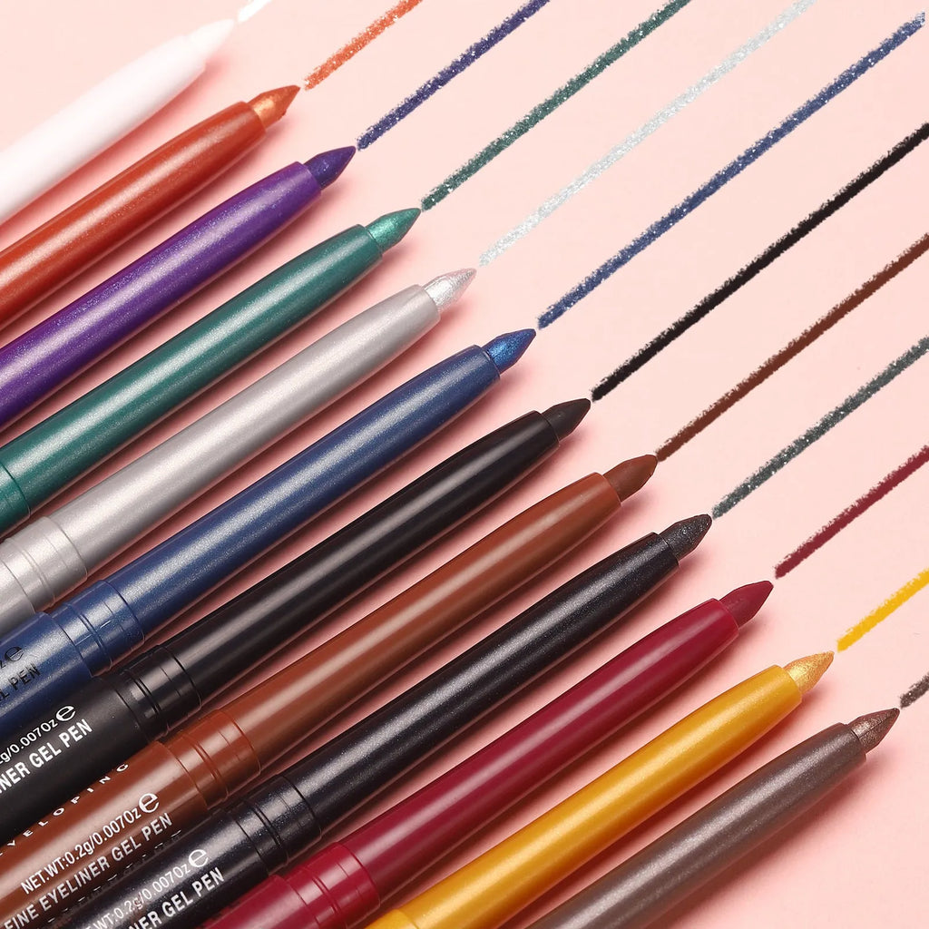 Set of 12 colourful gel glitter eyeliner pencils with metallic, pearl, and matte finishes