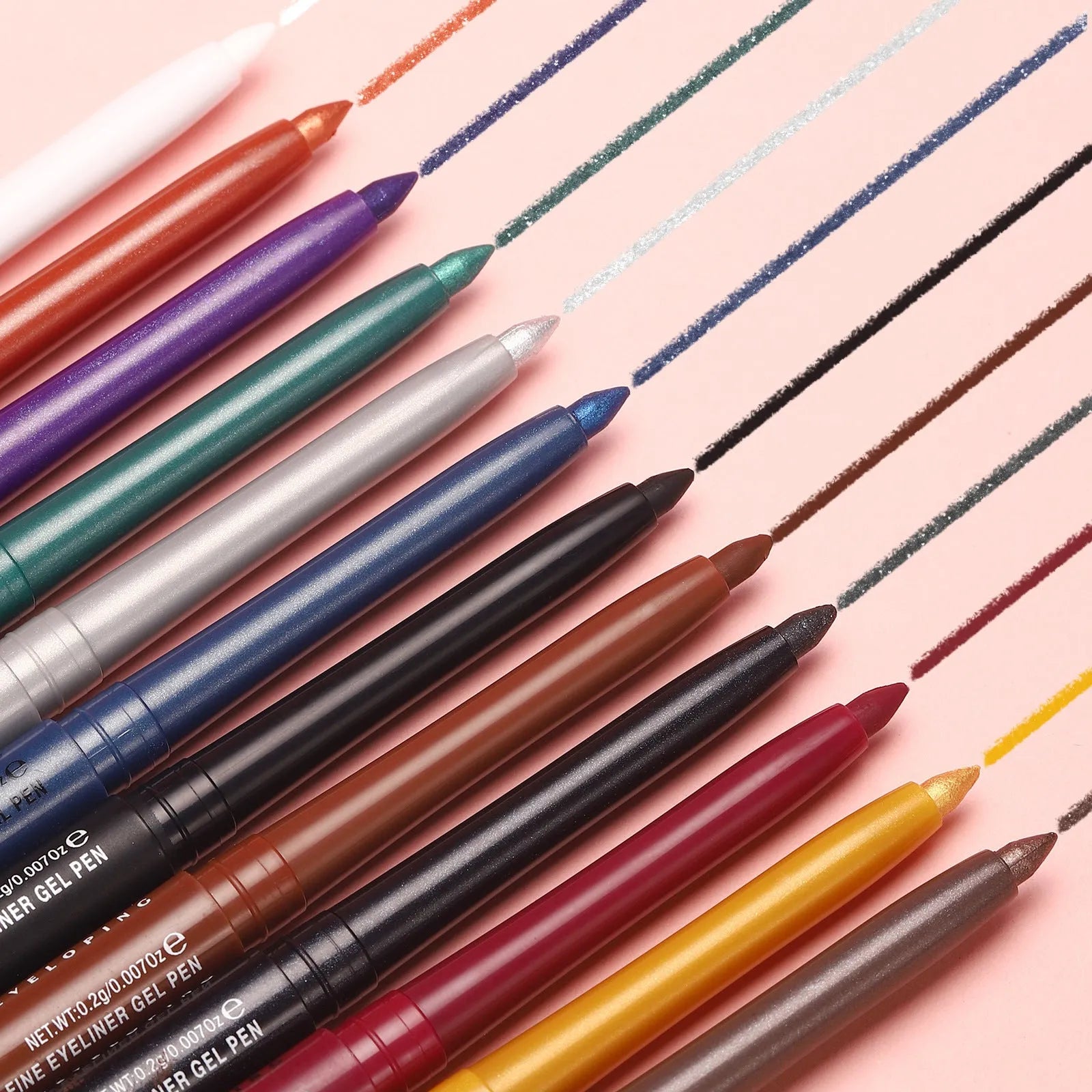 Set of 12 colourful gel glitter eyeliner pencils with metallic, pearl, and matte finishes