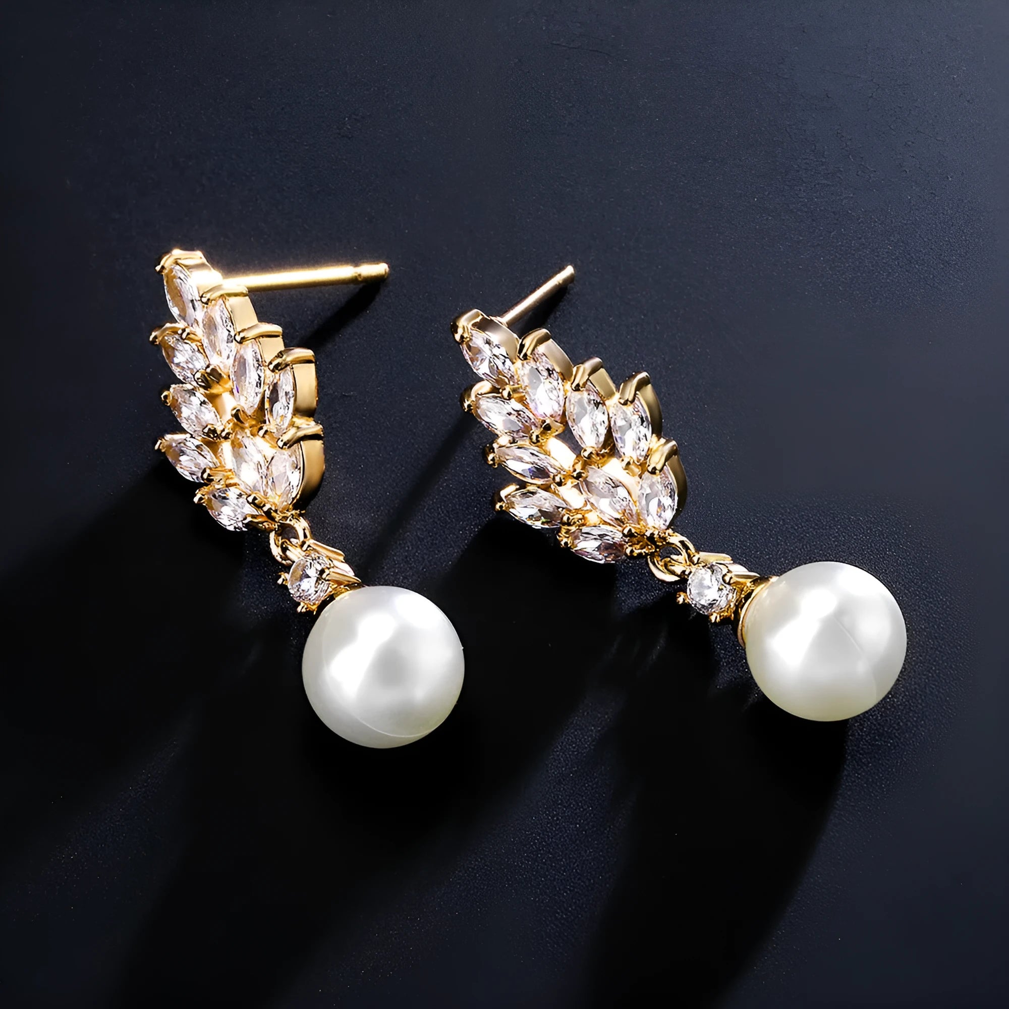 Geometric flower earrings with micro inlaid zircon stones in gold, platinum, or rose gold plating.