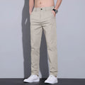 Men's straight slim-fit cotton trousers in light khaki colour with micro-elastic fabric for spring and summer wear