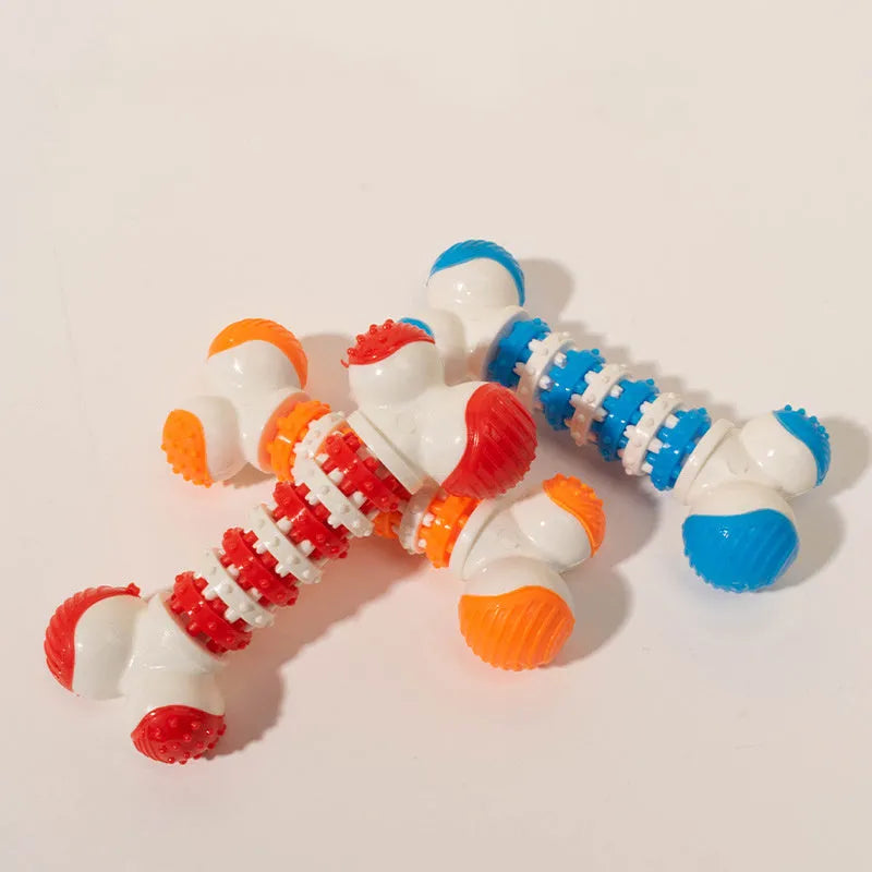Blue bone-shaped interactive dog toy for small breeds with treat holder and chewable ends