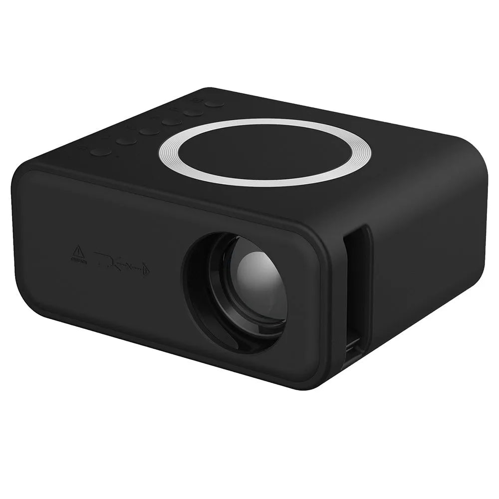 Black YT300 portable mini projector with remote control on a table.