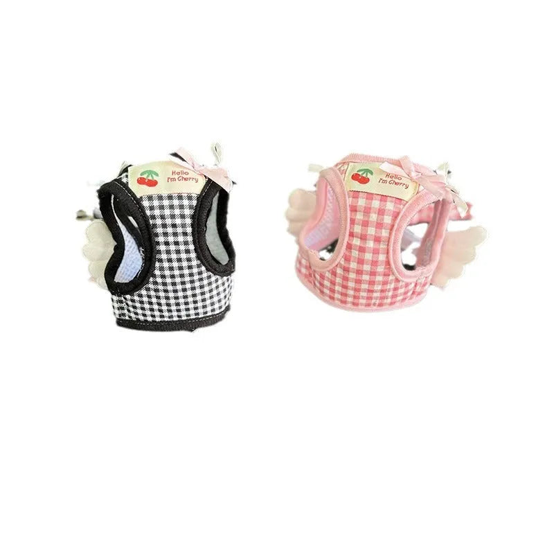 Pink and black cotton hands-free dog harness lead for small dogs showing chest and back straps.