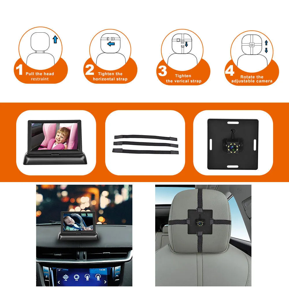 4.3-inch folding screen car baby monitor with rear view camera and cigarette lighter power plug