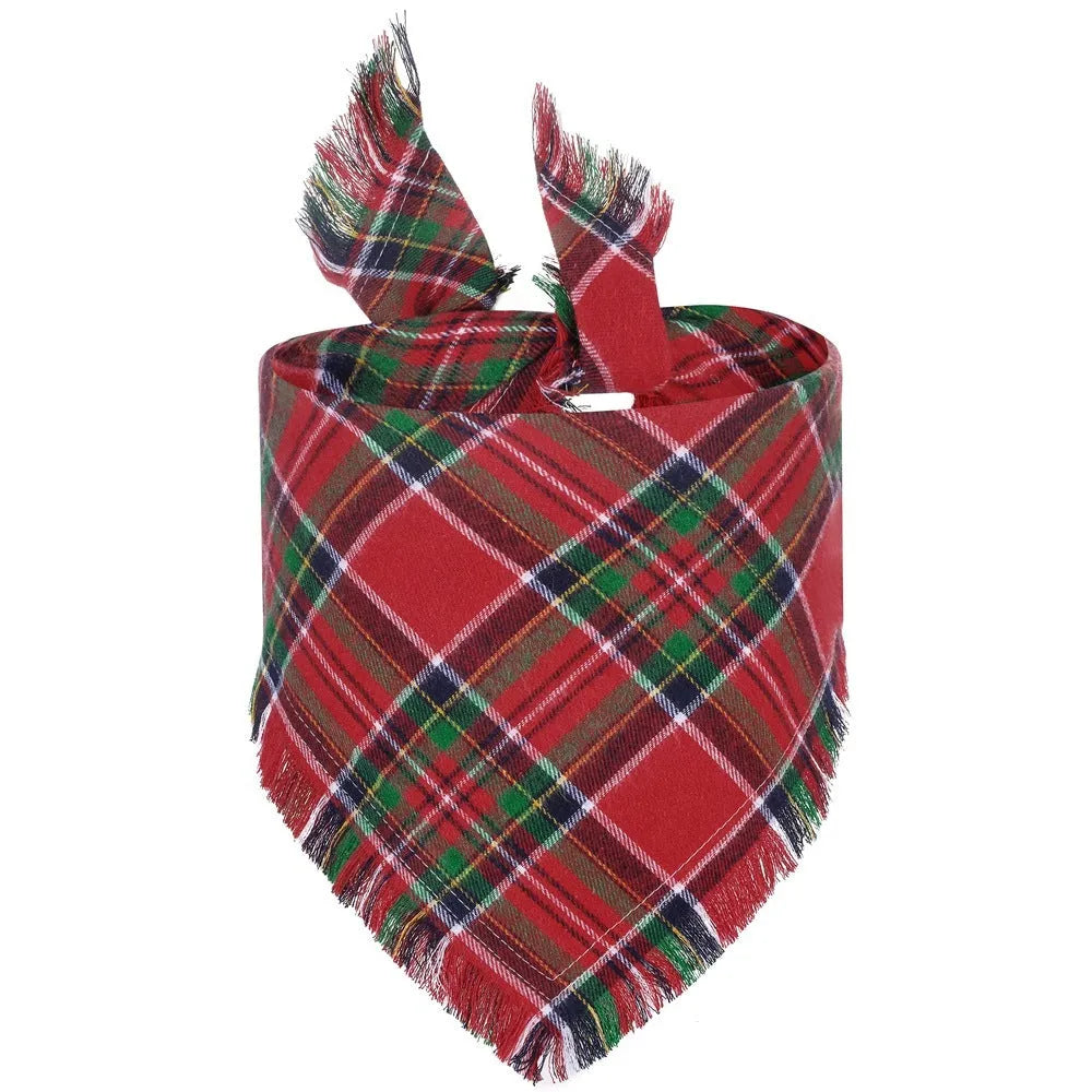 Plaid pattern dog bandana with tassels in autumn colours on pet collar